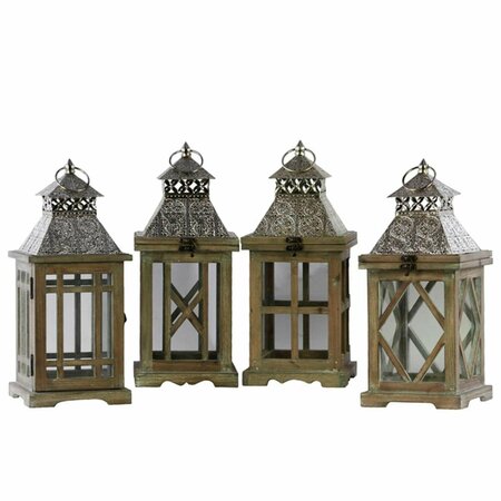 LETTHEREBELIGHT Wood Square Lantern With Silver Pierced Metal Top, Ring Hanger & Glass Windows - Brown LE2674372